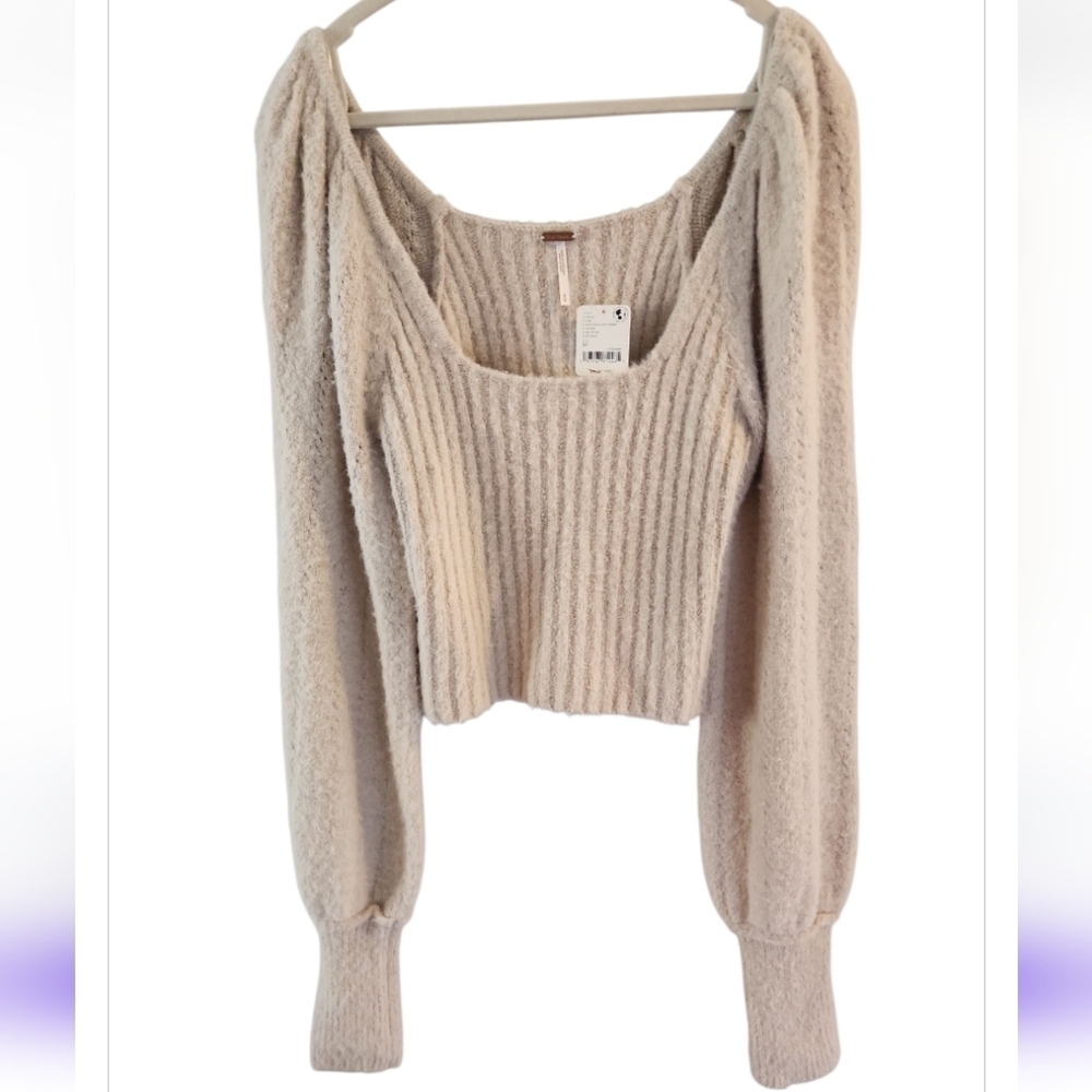NWT Free People Katie Rib Pullover Sweater Sand Color Size Medium Slight Cropped - Picture 3 of 10